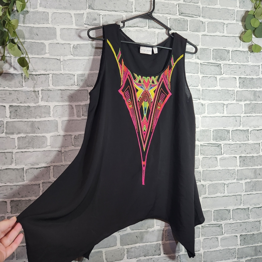 Bisou Bisou Black Embroidered Neon Sheer Chiffon Flowy Tank Top Size L